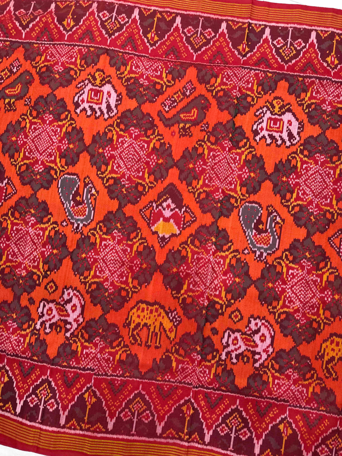 Red & Orange Fancy Narikunj Flower Single Ikat Patan Patola Saree