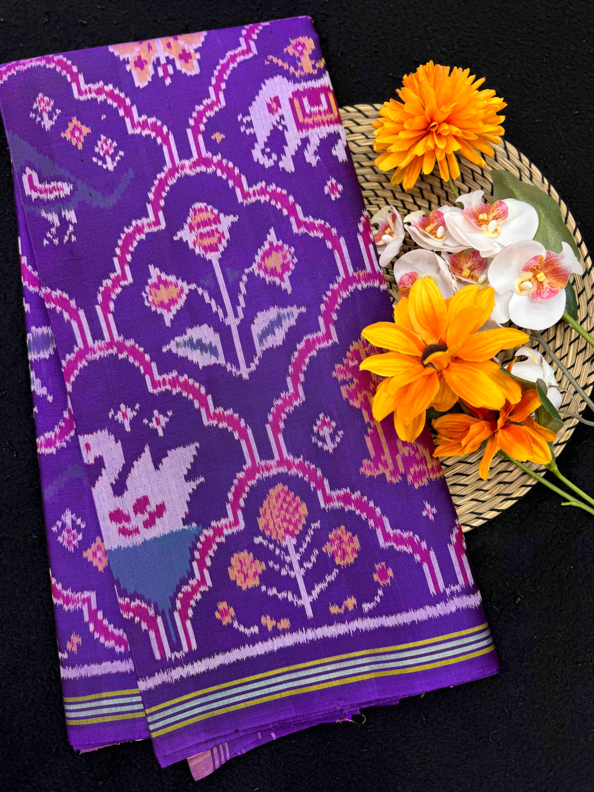 Purple Fancy Narikunj Flower Single Ikat Patan Patola Saree