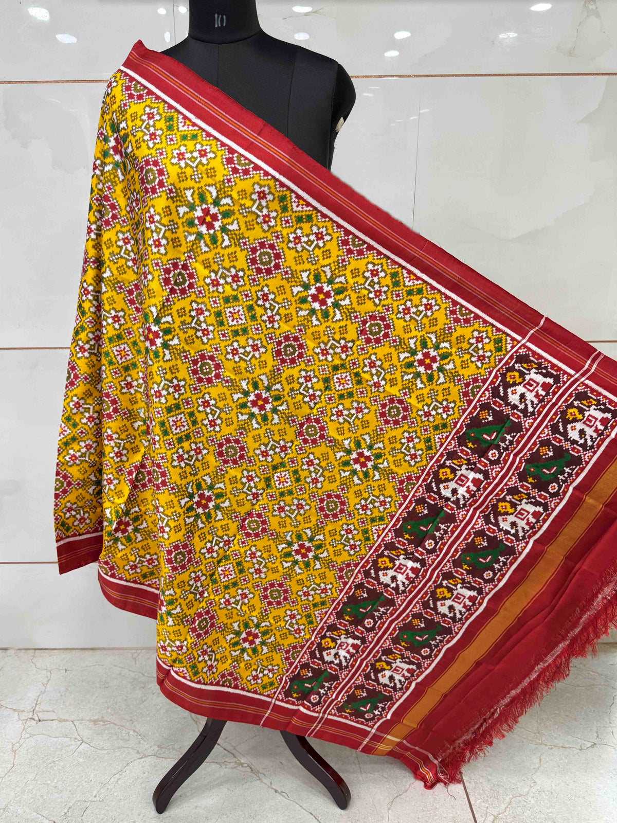 Red & Mustard Yellow Navratan Double Ikat Patan Patola Dupatta