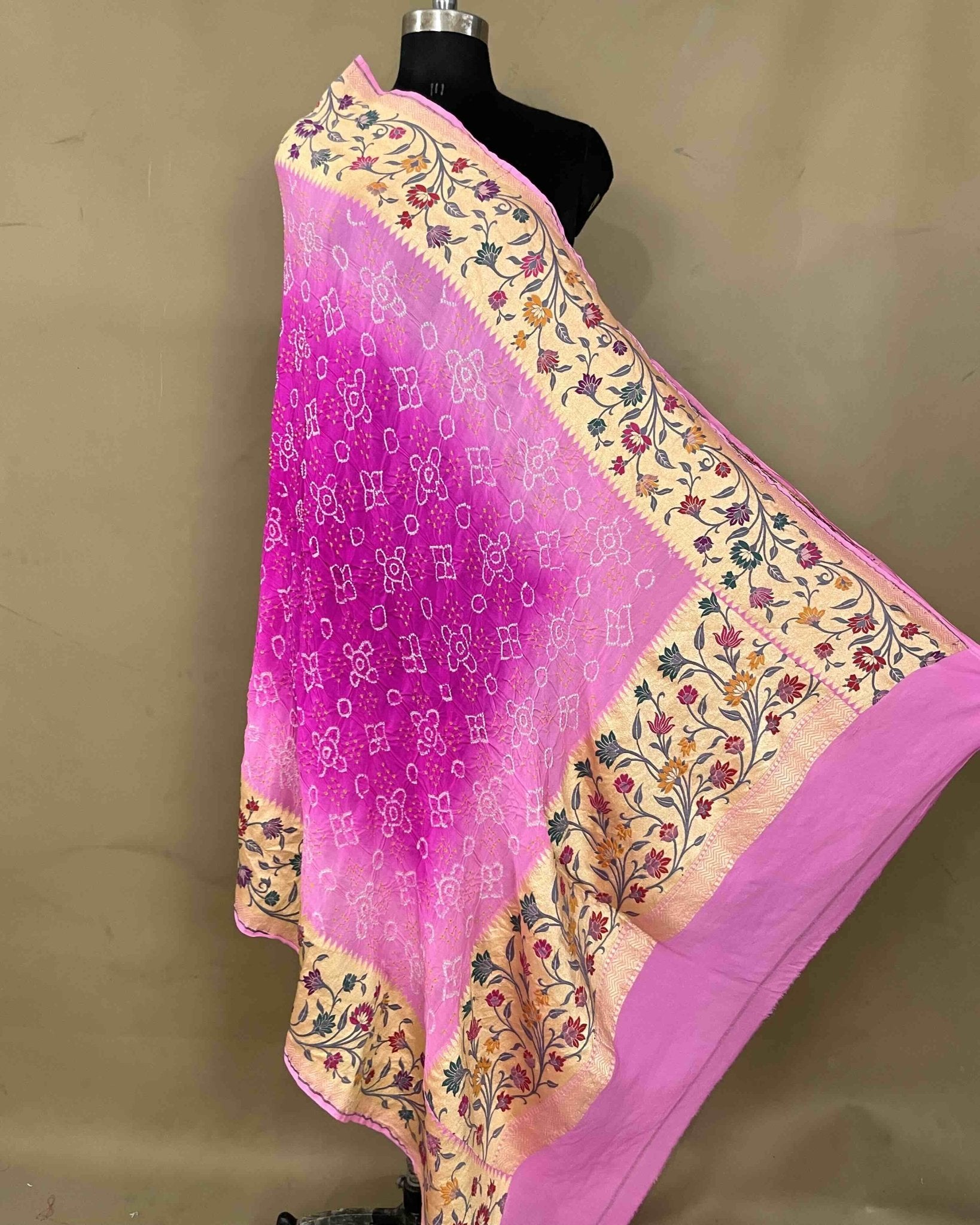 Baby Pink & Pink Shaded Georgette Bandhani Dupatta - SindhoiPatolaArt