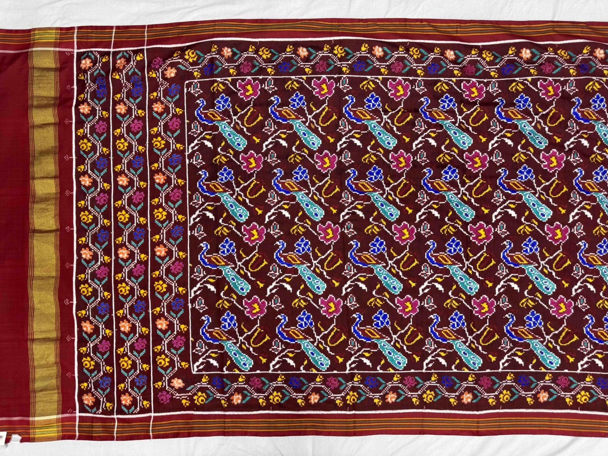 Beautiful Maroon Peacock Rose Patan Patola Saree - SindhoiPatolaArt