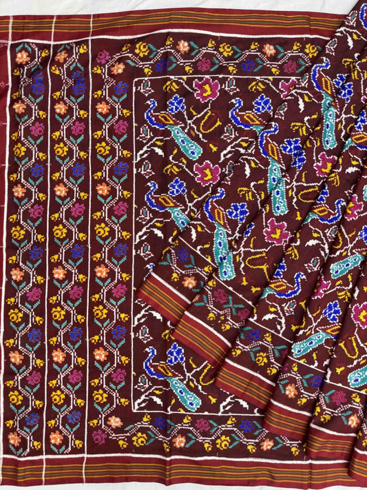 Beautiful Maroon Peacock Rose Patan Patola Saree - SindhoiPatolaArt