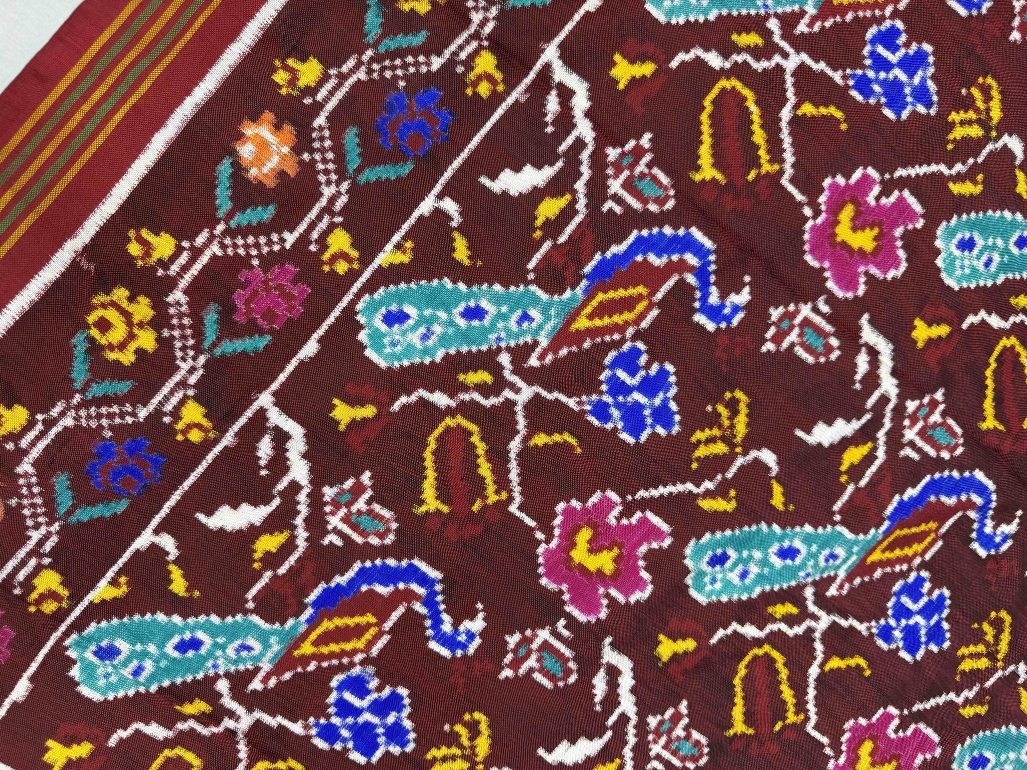 Beautiful Maroon Peacock Rose Patan Patola Saree - SindhoiPatolaArt