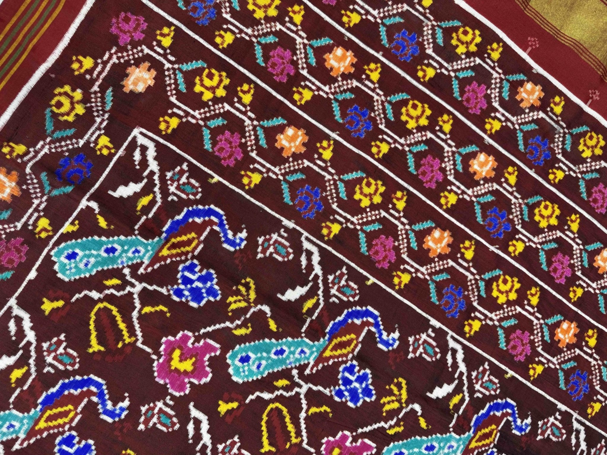 Beautiful Maroon Peacock Rose Patan Patola Saree - SindhoiPatolaArt