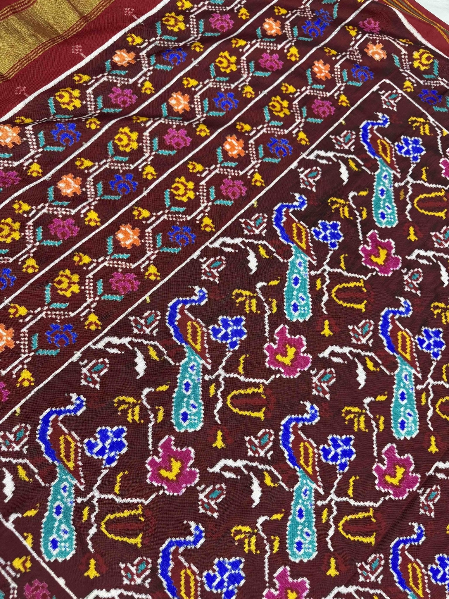 Beautiful Maroon Peacock Rose Patan Patola Saree - SindhoiPatolaArt