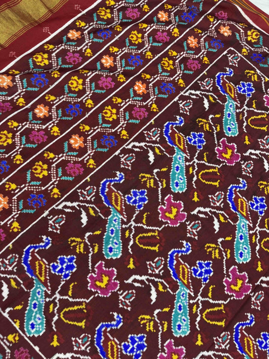 Beautiful Maroon Peacock Rose Patan Patola Saree - SindhoiPatolaArt