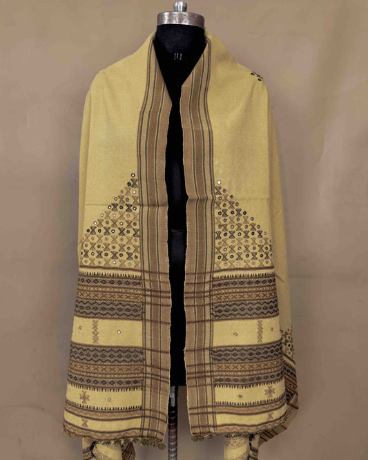 Biscuit Colored Butta Mirror & Corner Mirror Kutchi Woolen Shawl - SindhoiPatolaArt