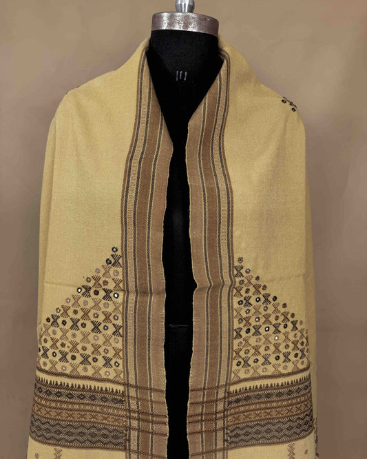 Biscuit Colored Butta Mirror & Corner Mirror Kutchi Woolen Shawl - SindhoiPatolaArt