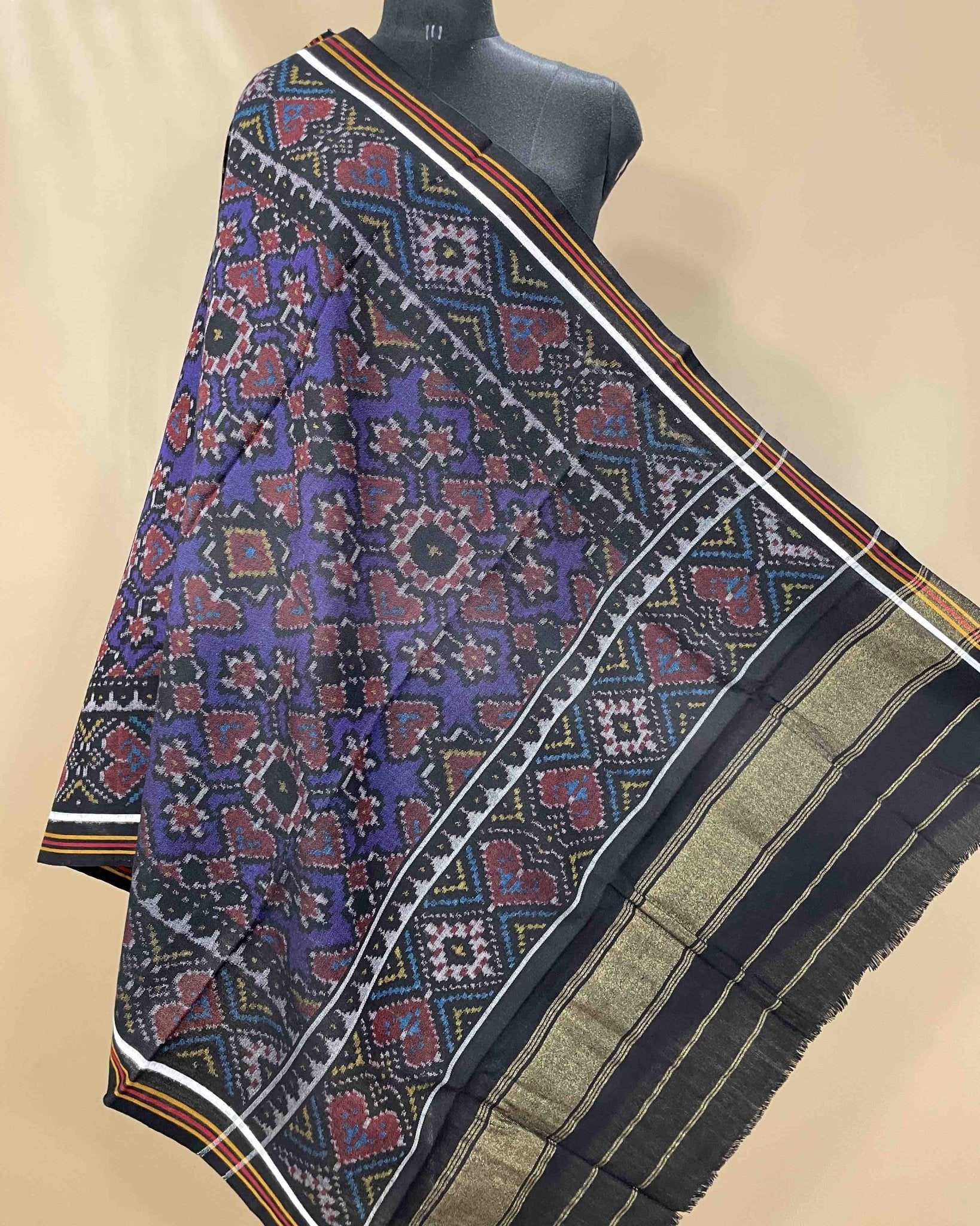 Black & Blue Navratan Designer Patola Shawl - SindhoiPatolaArt