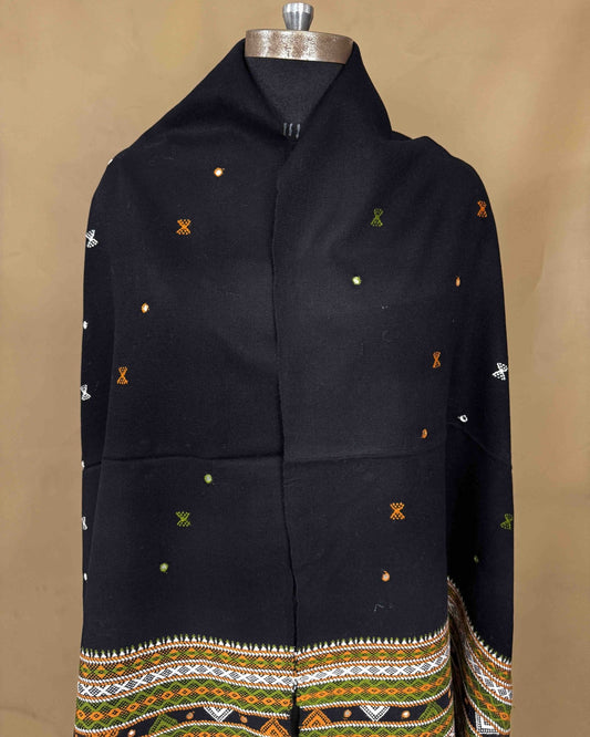 Black Border Mirror Kutchi Woolen Shawl - SindhoiPatolaArt