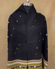 Black Border Mirror Kutchi Woolen Shawl - SindhoiPatolaArt