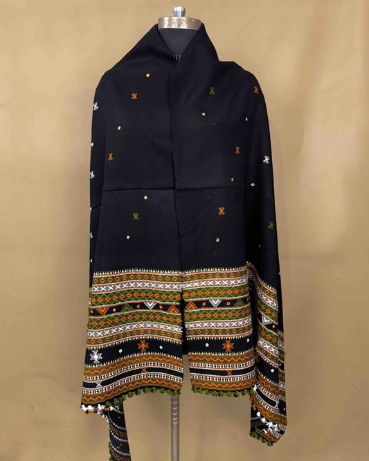 Black Border Mirror Kutchi Woolen Shawl - SindhoiPatolaArt