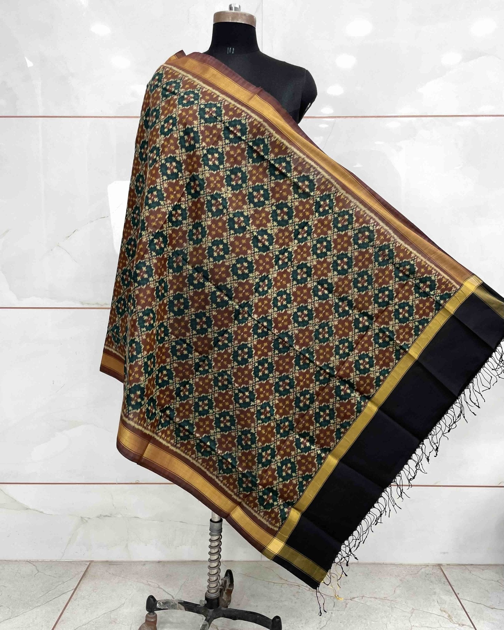 Black & Brown Buttonful Design Patola Dupatta - SindhoiPatolaArt