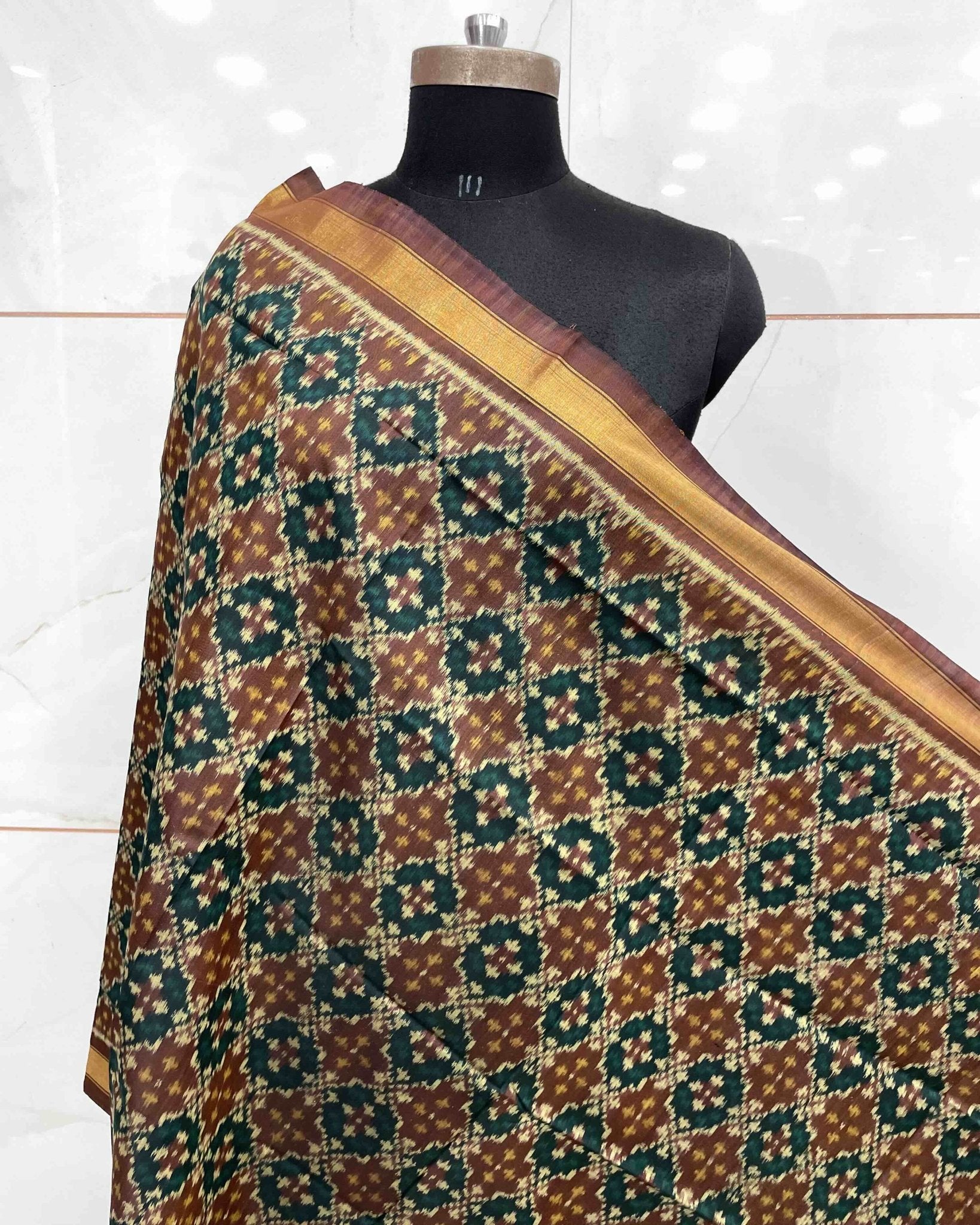 Black & Brown Buttonful Design Patola Dupatta - SindhoiPatolaArt