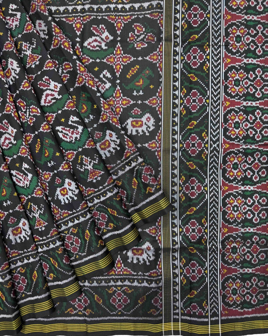 Black Circle Narikunj Semi Double Ikat Patola Saree - SindhoiPatolaArt