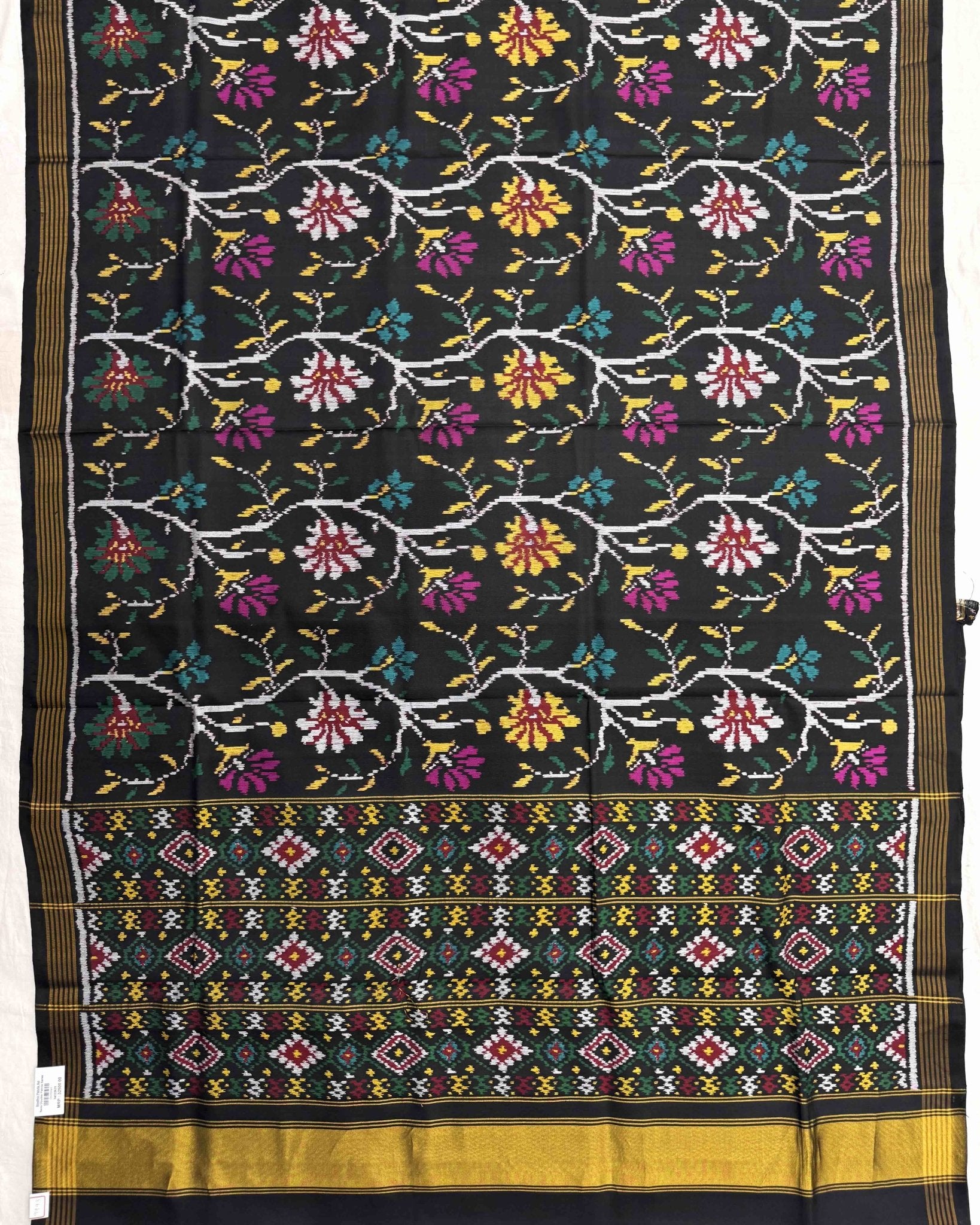 Black Fancy Flower Semi Double Ikat Patola Saree - SindhoiPatolaArt
