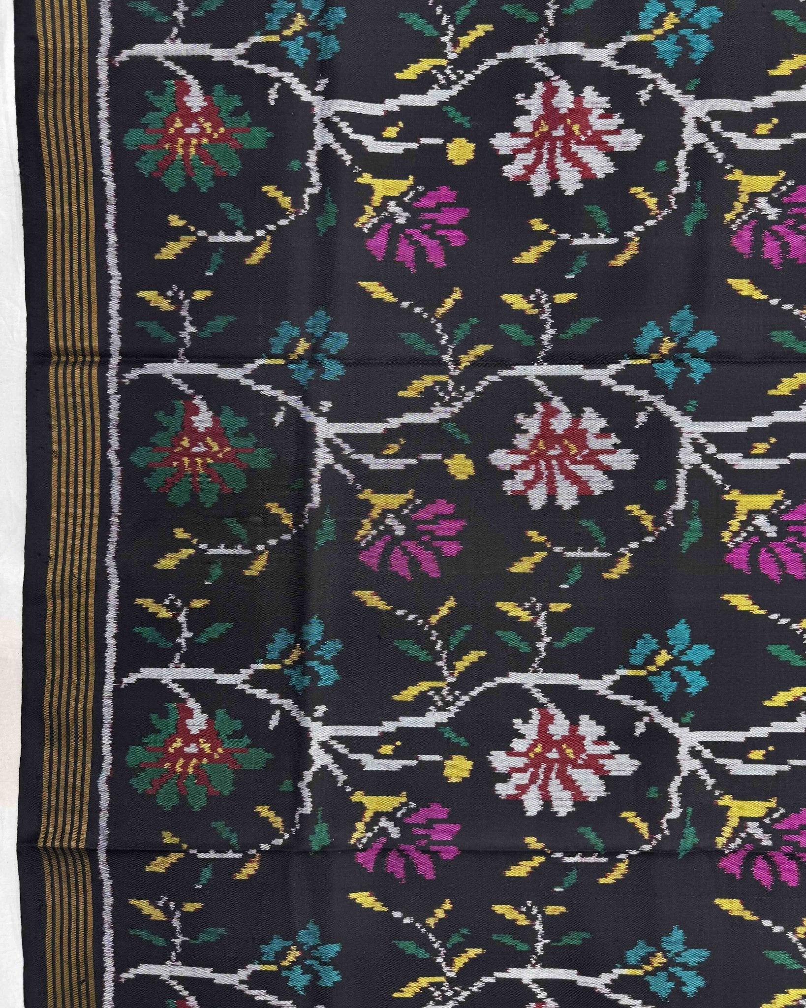 Black Fancy Flower Semi Double Ikat Patola Saree - SindhoiPatolaArt