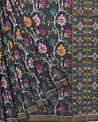 Black Fancy Flower Semi Double Ikat Patola Saree - SindhoiPatolaArt