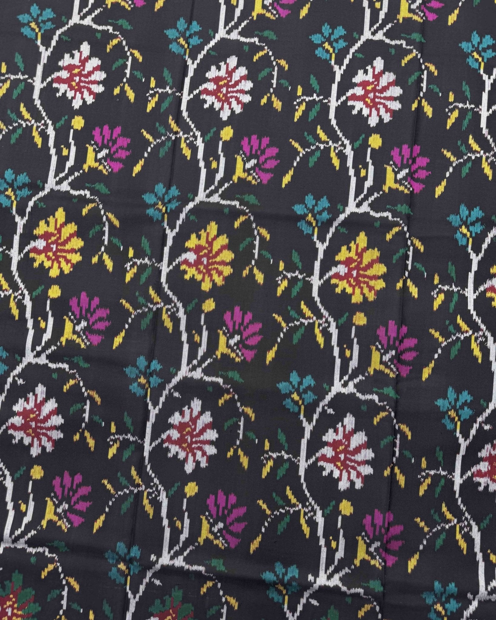Black Fancy Flower Semi Double Ikat Patola Saree - SindhoiPatolaArt