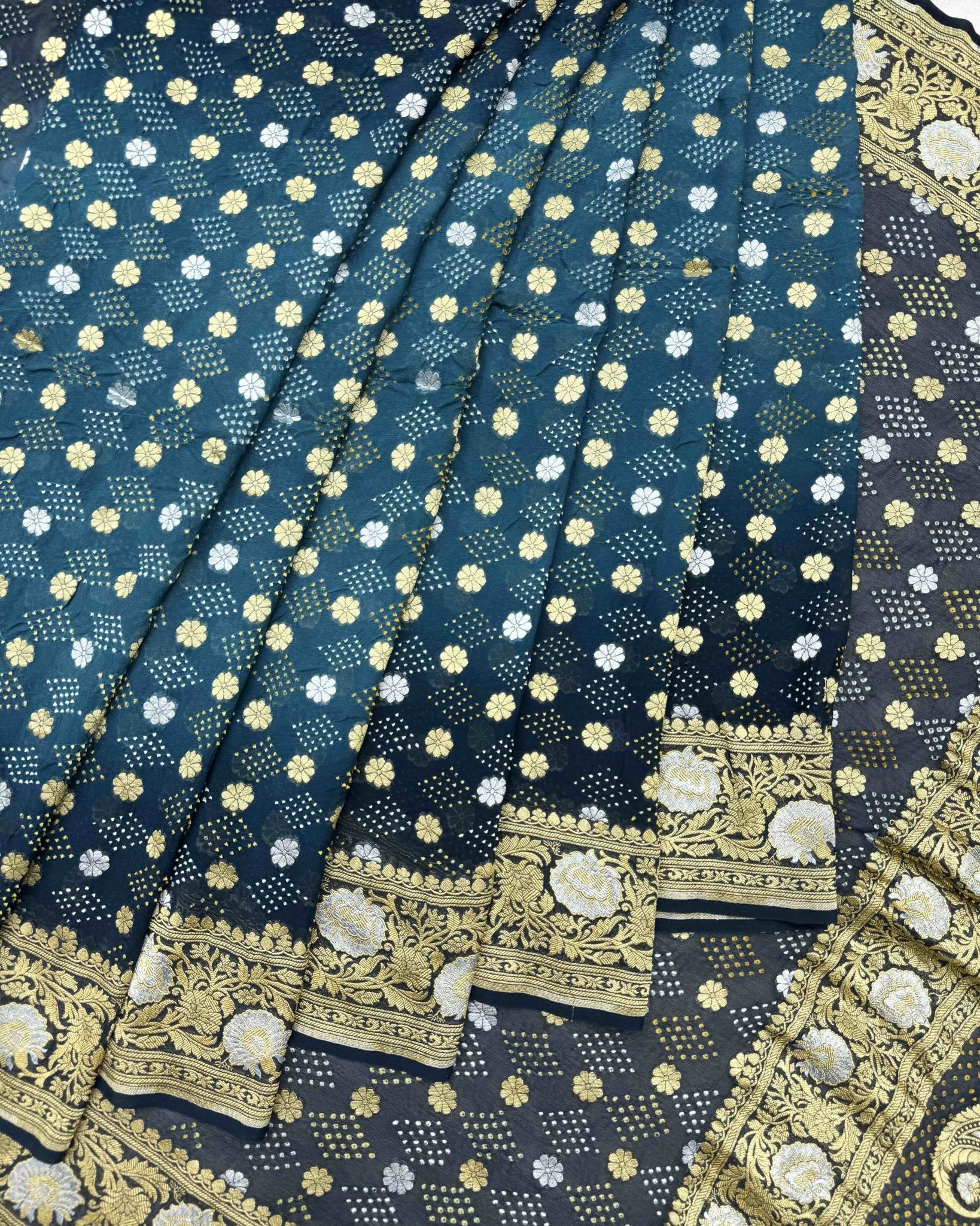 Black & Rama Blue Shaded Banarasi Georgette Bandhani Saree - SindhoiPatolaArt