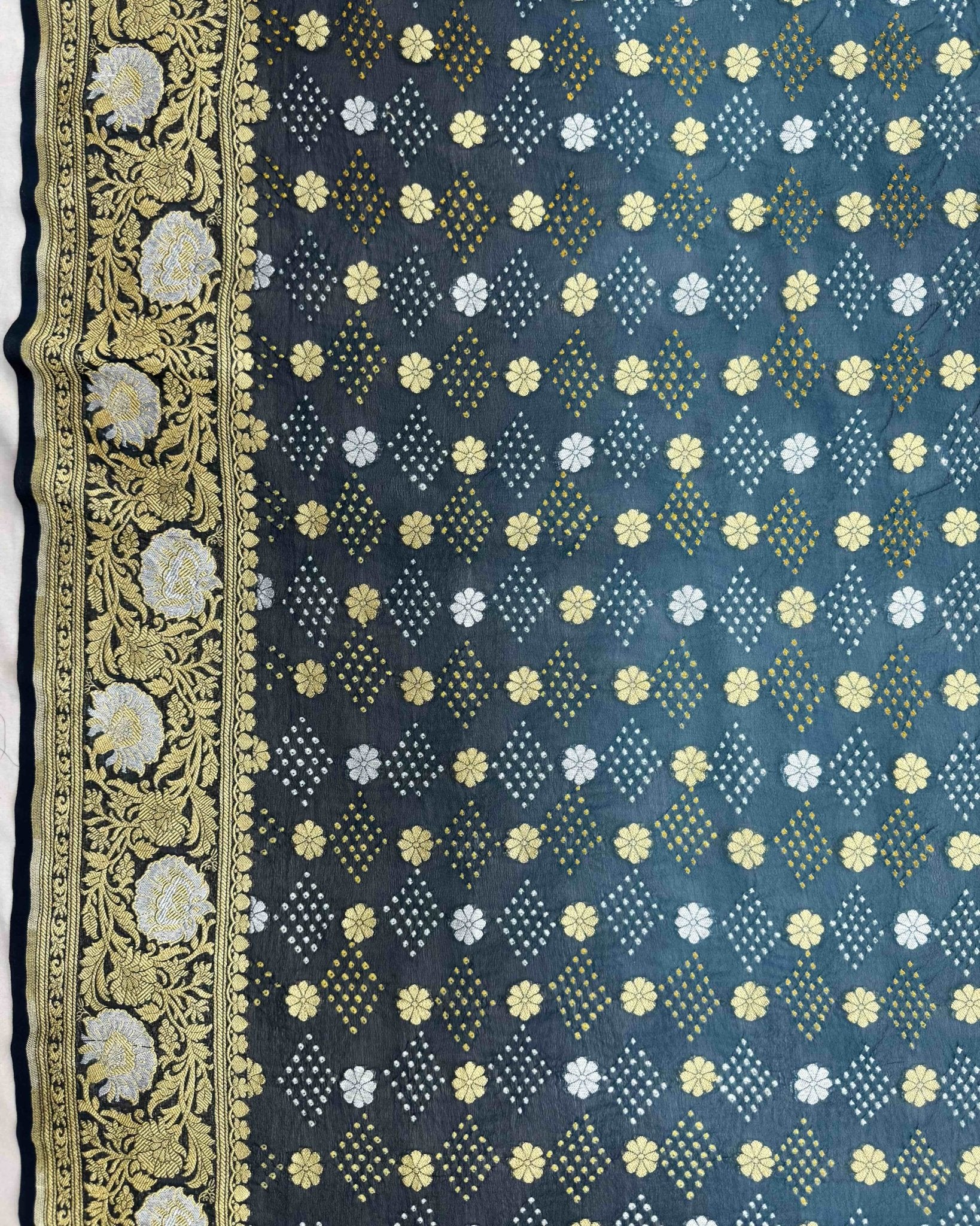 Black & Rama Blue Shaded Banarasi Georgette Bandhani Saree - SindhoiPatolaArt