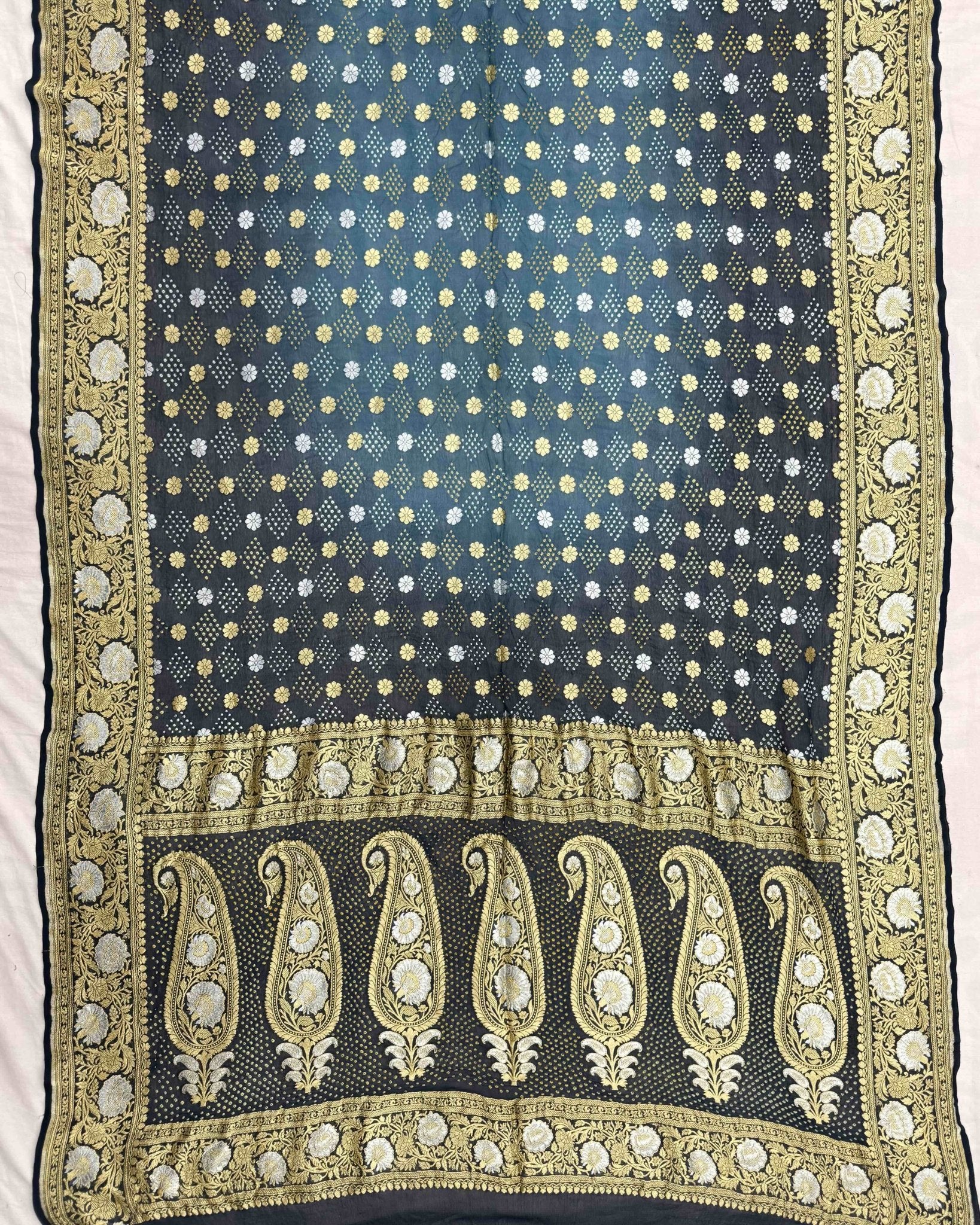 Black & Rama Blue Shaded Banarasi Georgette Bandhani Saree - SindhoiPatolaArt