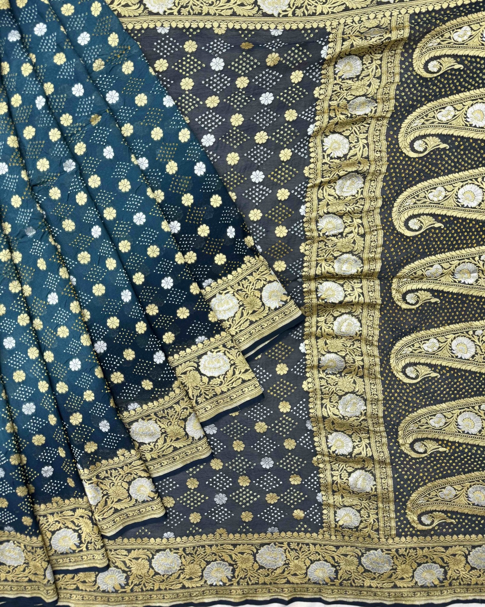 Black & Rama Blue Shaded Banarasi Georgette Bandhani Saree - SindhoiPatolaArt