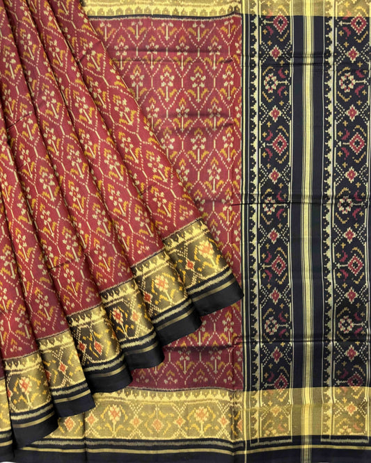 Black & Rust Red Flower Patola Saree - SindhoiPatolaArt