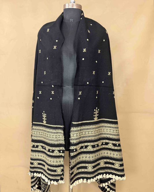 Black with Off White Pallu Zad Butti Mirror Kutchi Woolen Shawl - SindhoiPatolaArt