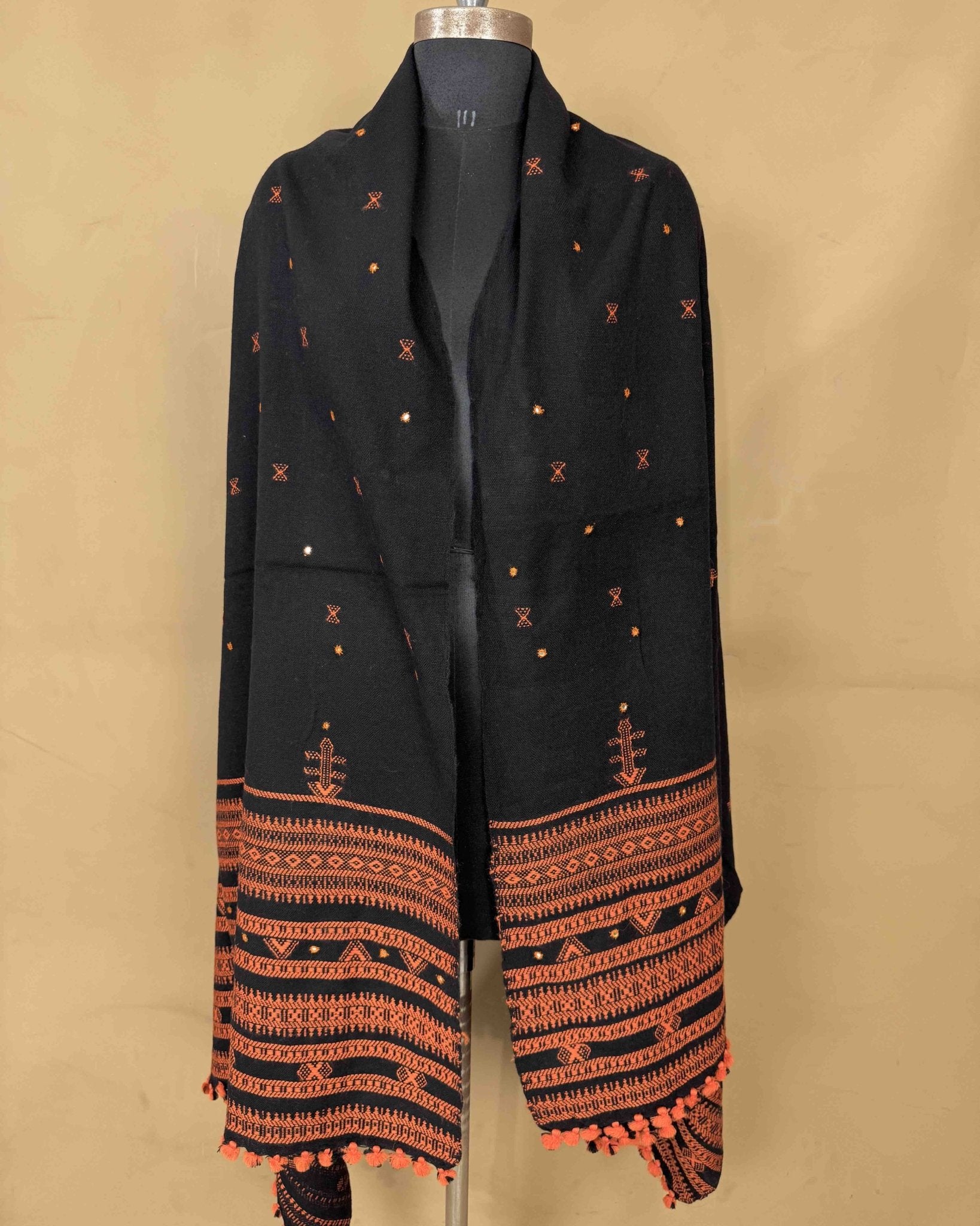 Black with Orange Pallu Zad Butti Mirror Kutchi Woolen Shawl - SindhoiPatolaArt