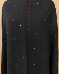 Black with Red Pallu Zad Butti Mirror Kutchi Woolen Shawl - SindhoiPatolaArt