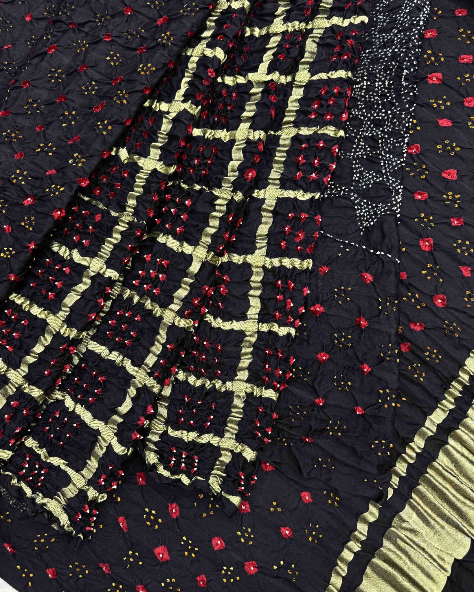 Black Zari Chex Gajji Silk Bandhani Saree - SindhoiPatolaArt