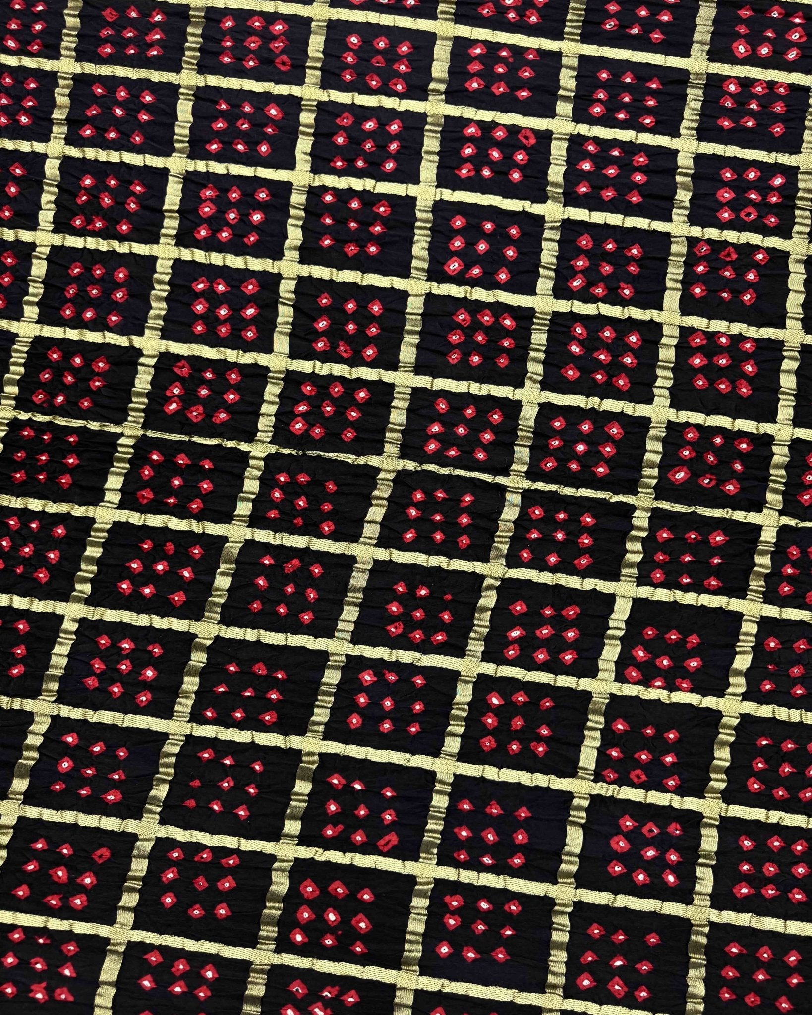 Black Zari Chex Gajji Silk Bandhani Saree - SindhoiPatolaArt