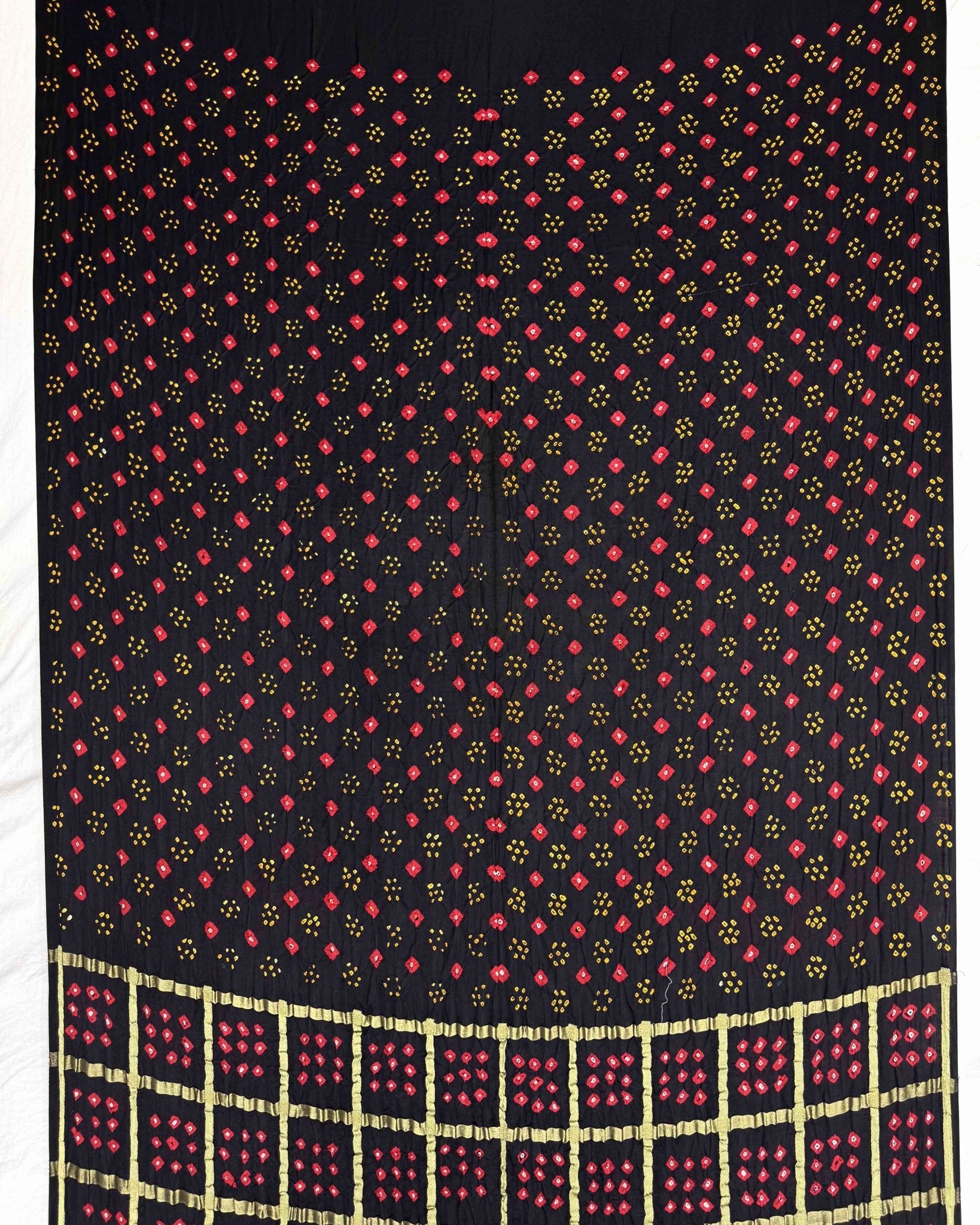 Black Zari Chex Gajji Silk Bandhani Saree - SindhoiPatolaArt