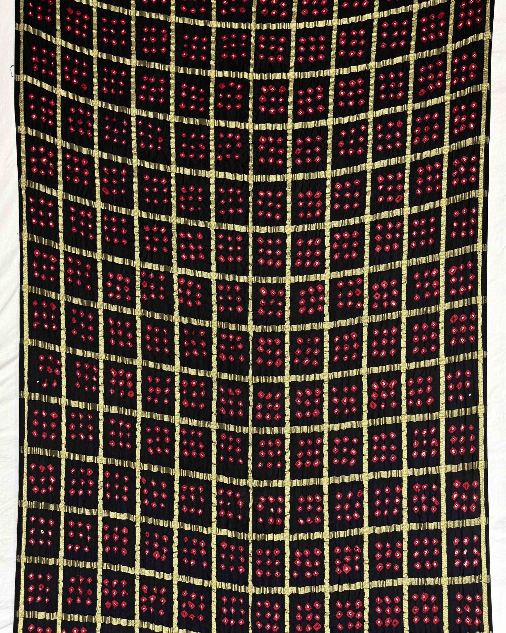 Black Zari Chex Gajji Silk Bandhani Saree - SindhoiPatolaArt