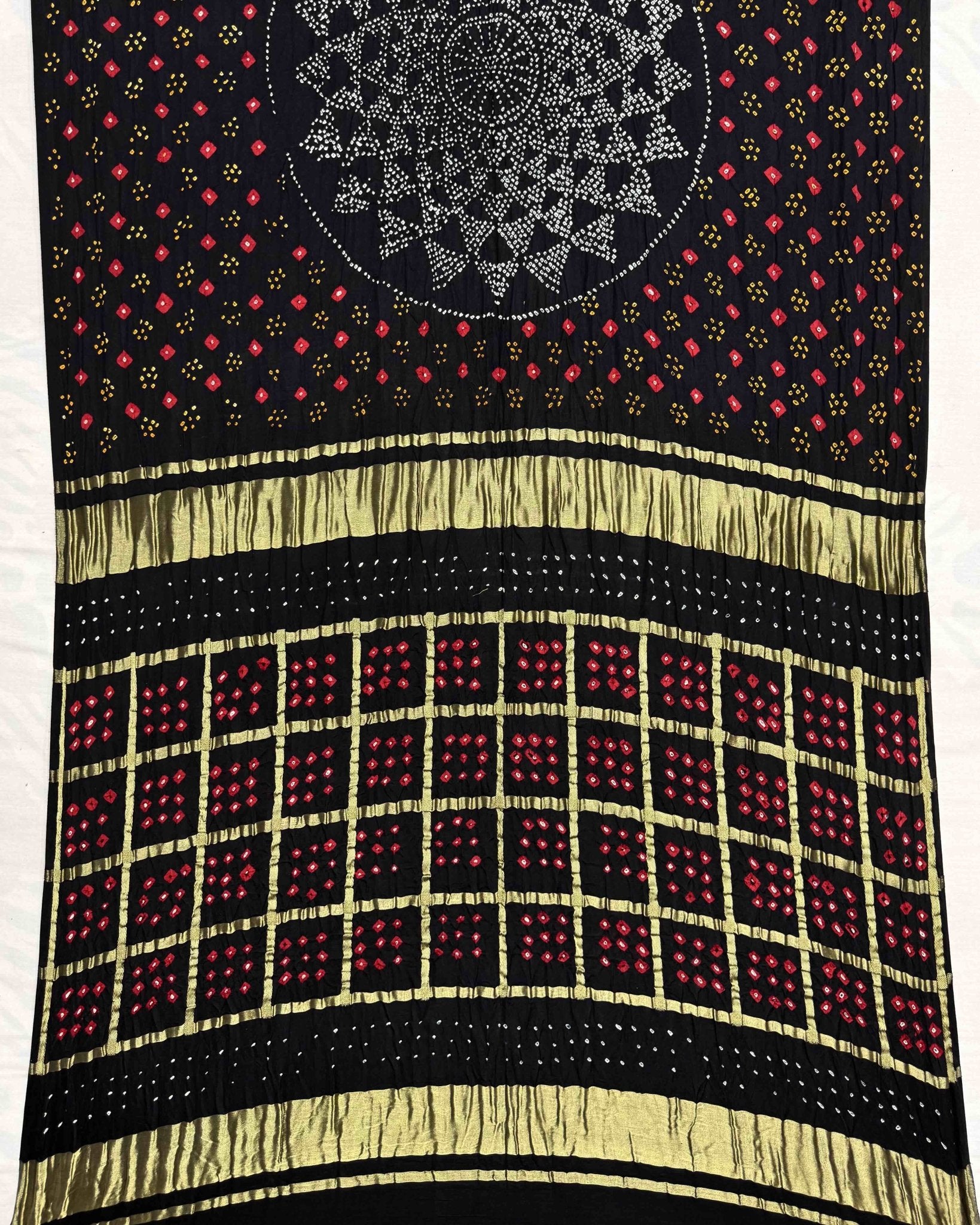 Black Zari Chex Gajji Silk Bandhani Saree - SindhoiPatolaArt