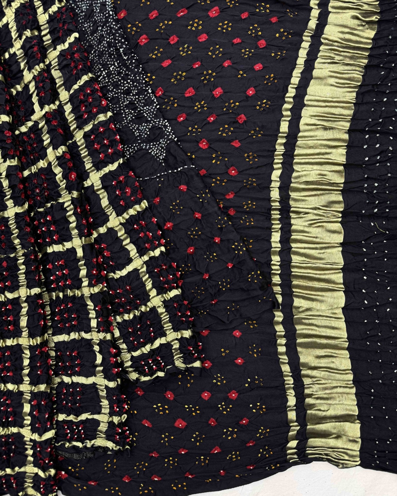 Black Zari Chex Gajji Silk Bandhani Saree - SindhoiPatolaArt