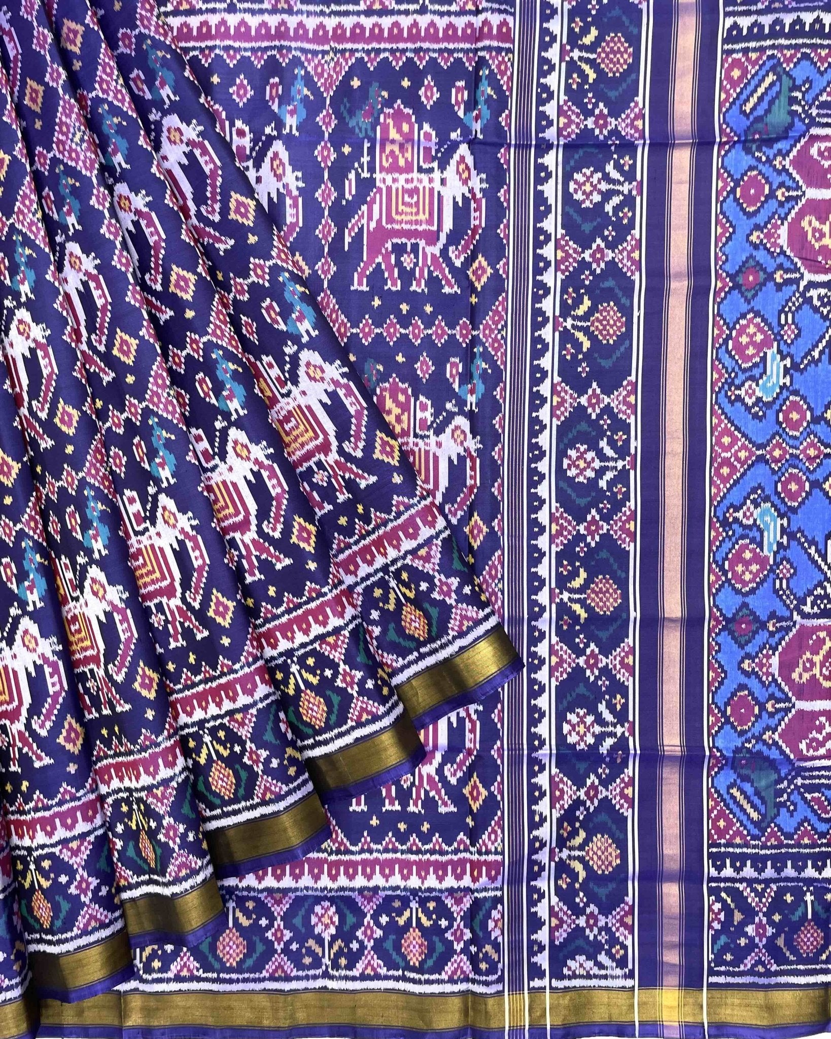 Blue Big Figure Elephant Patola Saree - SindhoiPatolaArt