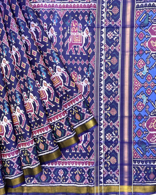 Blue Big Figure Elephant Patola Saree - SindhoiPatolaArt