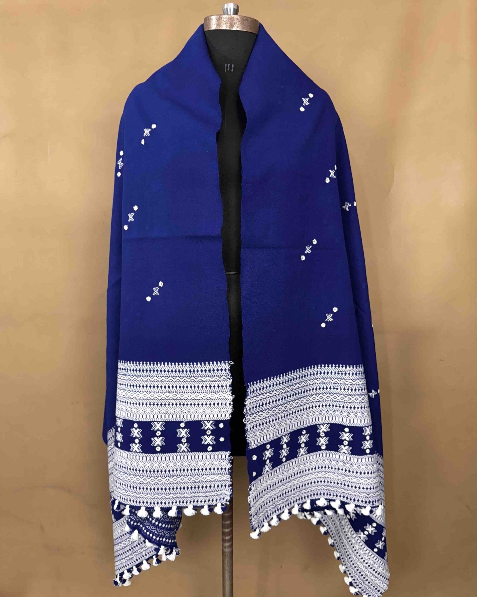 Blue Border Mirror Kutchi Woolen Shawl - SindhoiPatolaArt
