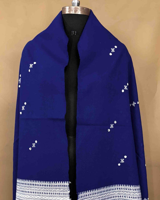 Blue Border Mirror Kutchi Woolen Shawl - SindhoiPatolaArt