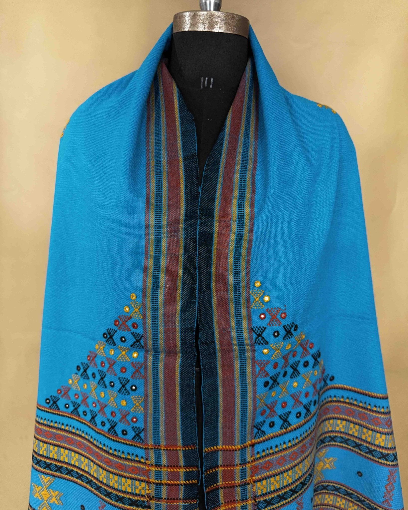 Blue Butta Mirror & Corner Mirror Kutchi Woolen Shawl - SindhoiPatolaArt