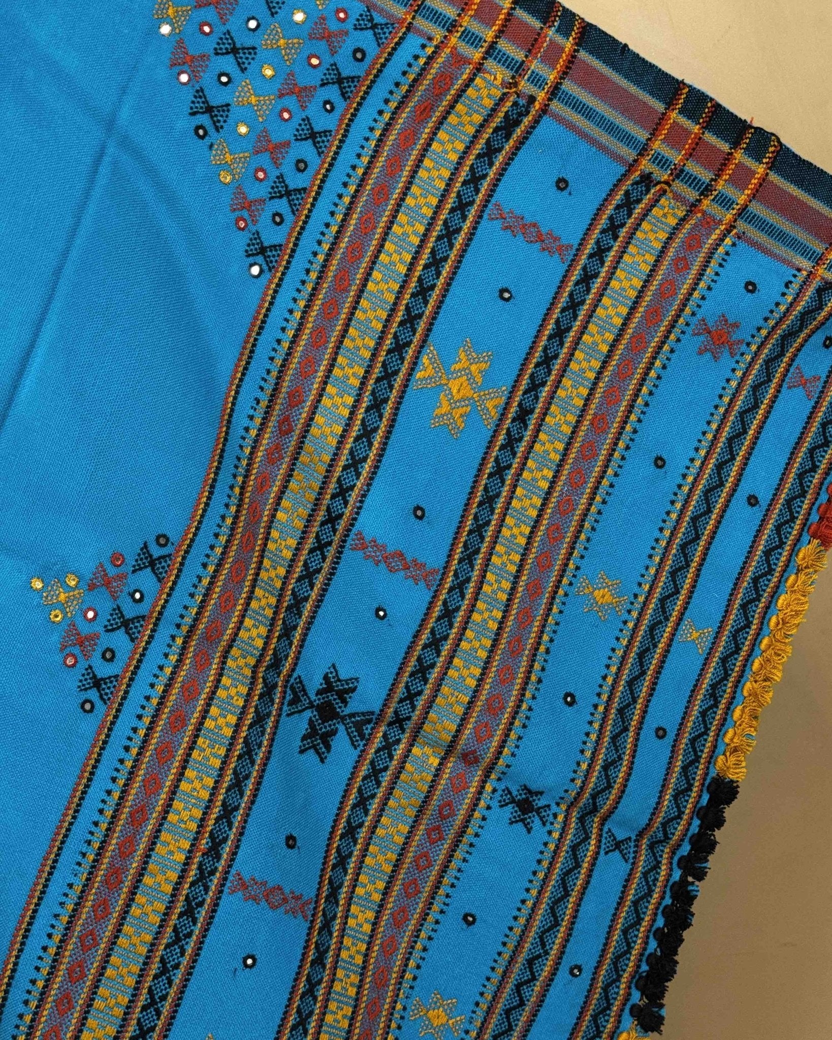 Blue Butta Mirror & Corner Mirror Kutchi Woolen Shawl - SindhoiPatolaArt