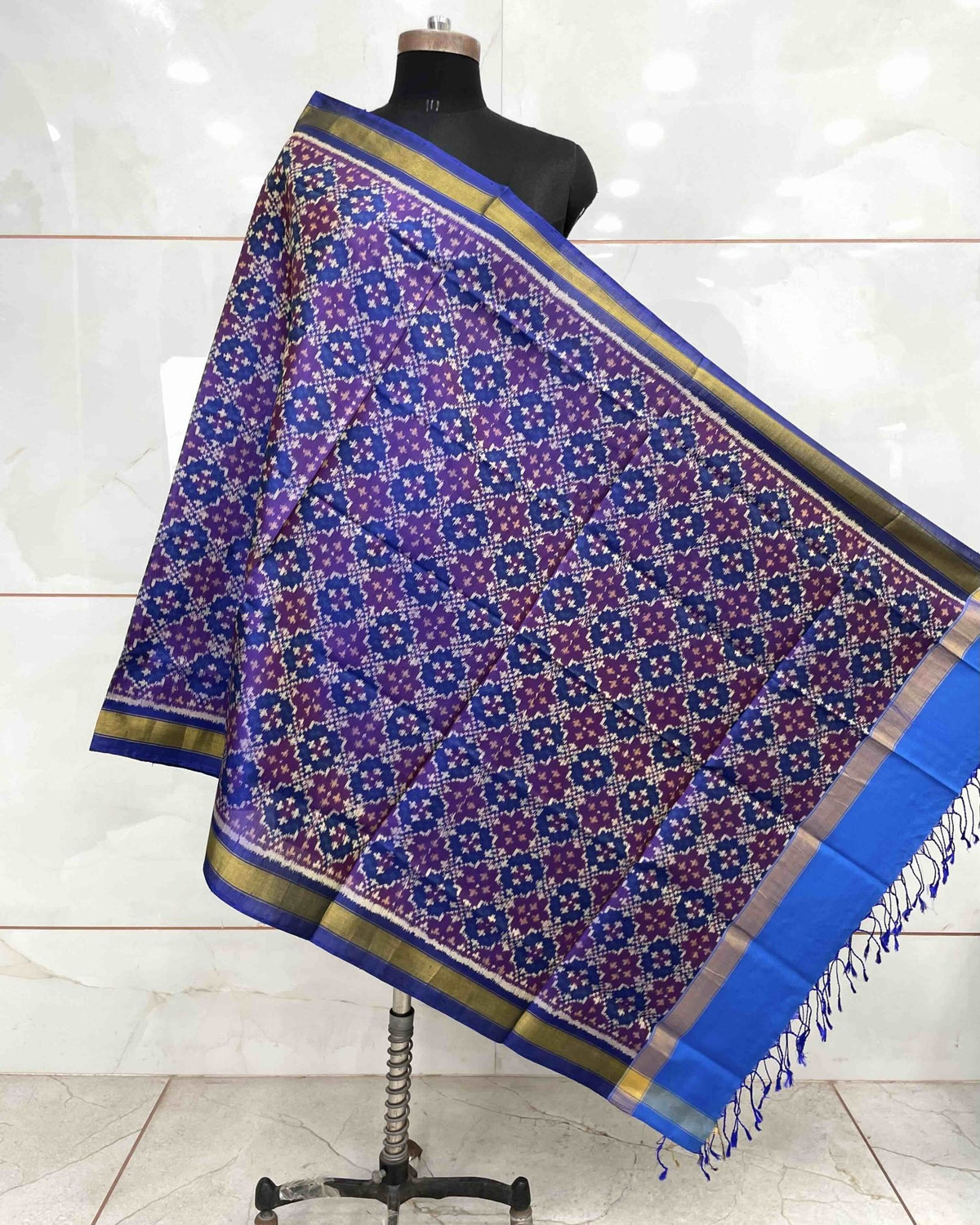 Blue Buttonful Design Patola Dupatta - SindhoiPatolaArt