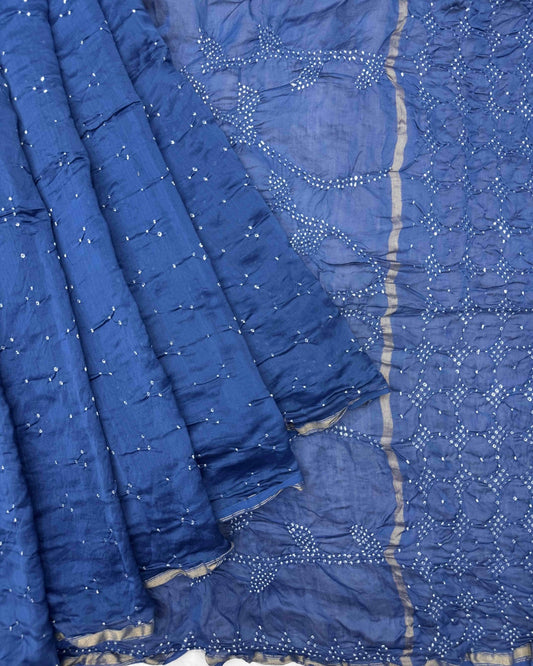 Blue Chanderi Bandhani Saree - SindhoiPatolaArt