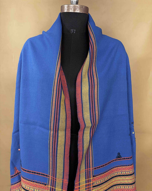 Blue Chomukh Mirror Kutchi Woolen Shawl - SindhoiPatolaArt