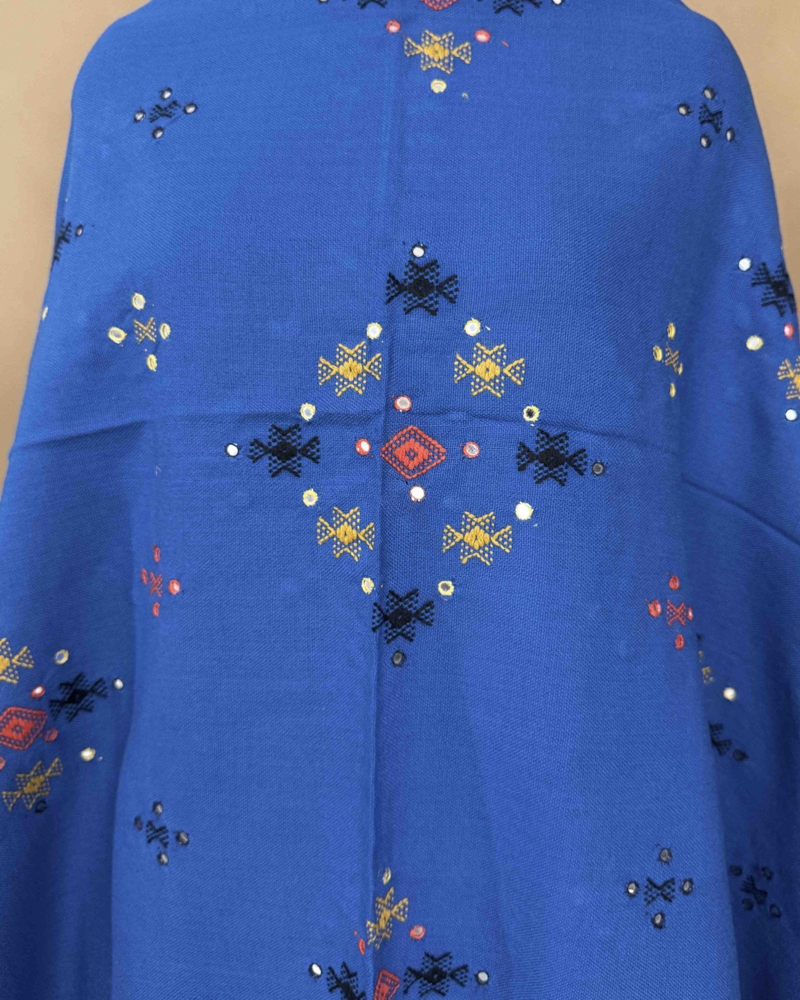 Blue Chomukh Mirror Kutchi Woolen Shawl - SindhoiPatolaArt