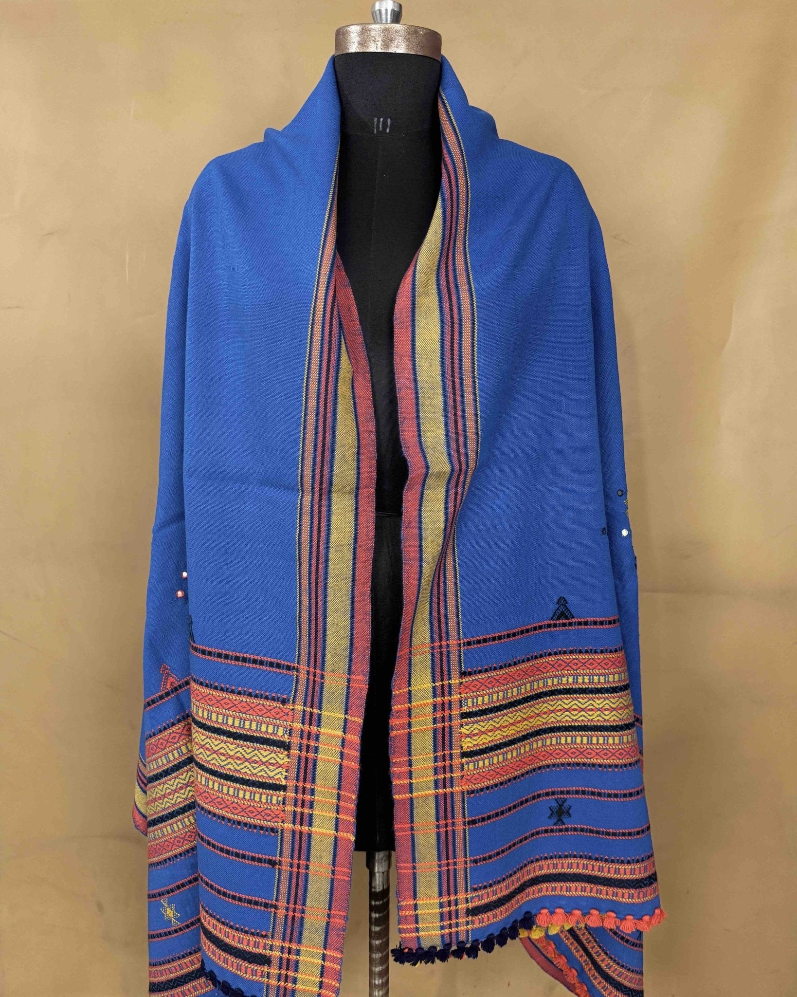Blue Chomukh Mirror Kutchi Woolen Shawl - SindhoiPatolaArt