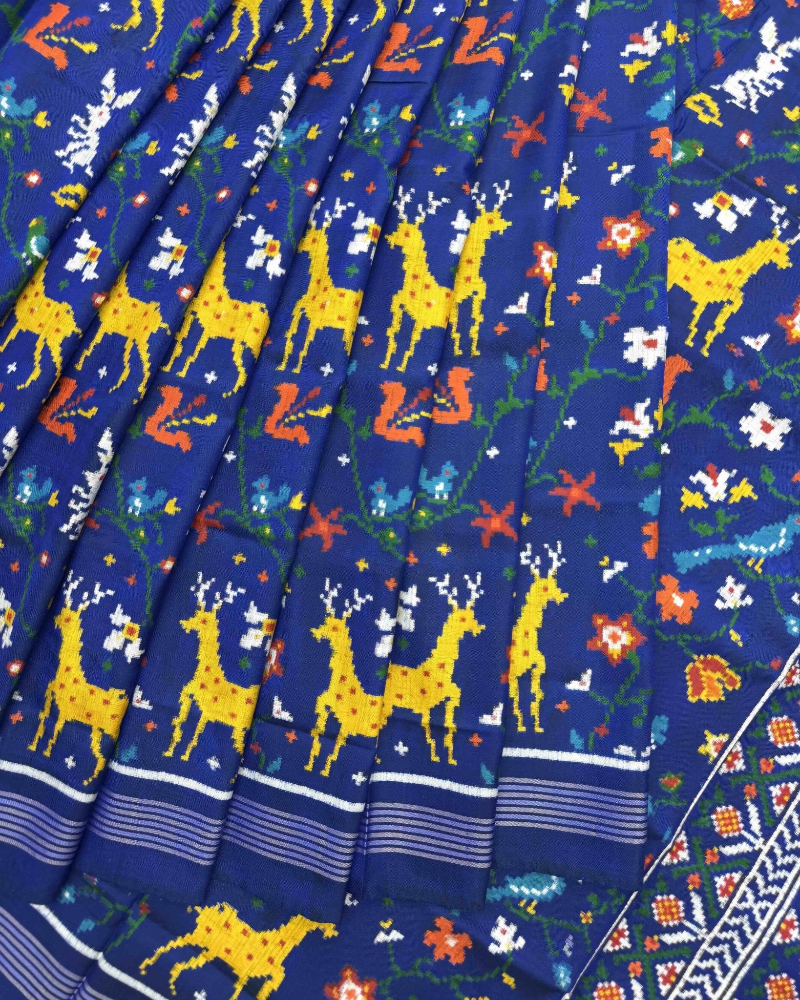 Blue Fancy Bird & Deer Double Ikat Patola Saree - SindhoiPatolaArt