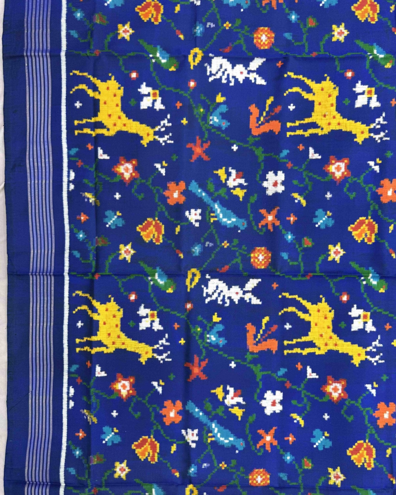 Blue Fancy Bird & Deer Double Ikat Patola Saree - SindhoiPatolaArt